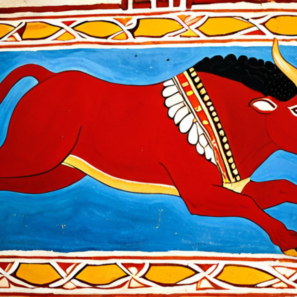 **A vibrant fresco fragment depicting "Taureau jumping" from Knossos palace.** Focus on vivid colors (reds, blues, yellows) and dynamic movement. Capture the energy and acrobatic skill of the Minoan youth leaping over a bull. Style: Ancient Minoan art.