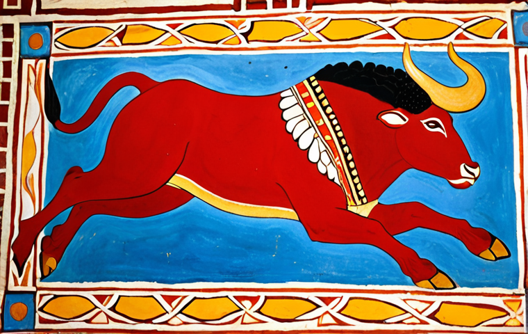 **A vibrant fresco fragment depicting "Taureau jumping" from Knossos palace.** Focus on vivid colors (reds, blues, yellows) and dynamic movement. Capture the energy and acrobatic skill of the Minoan youth leaping over a bull. Style: Ancient Minoan art.