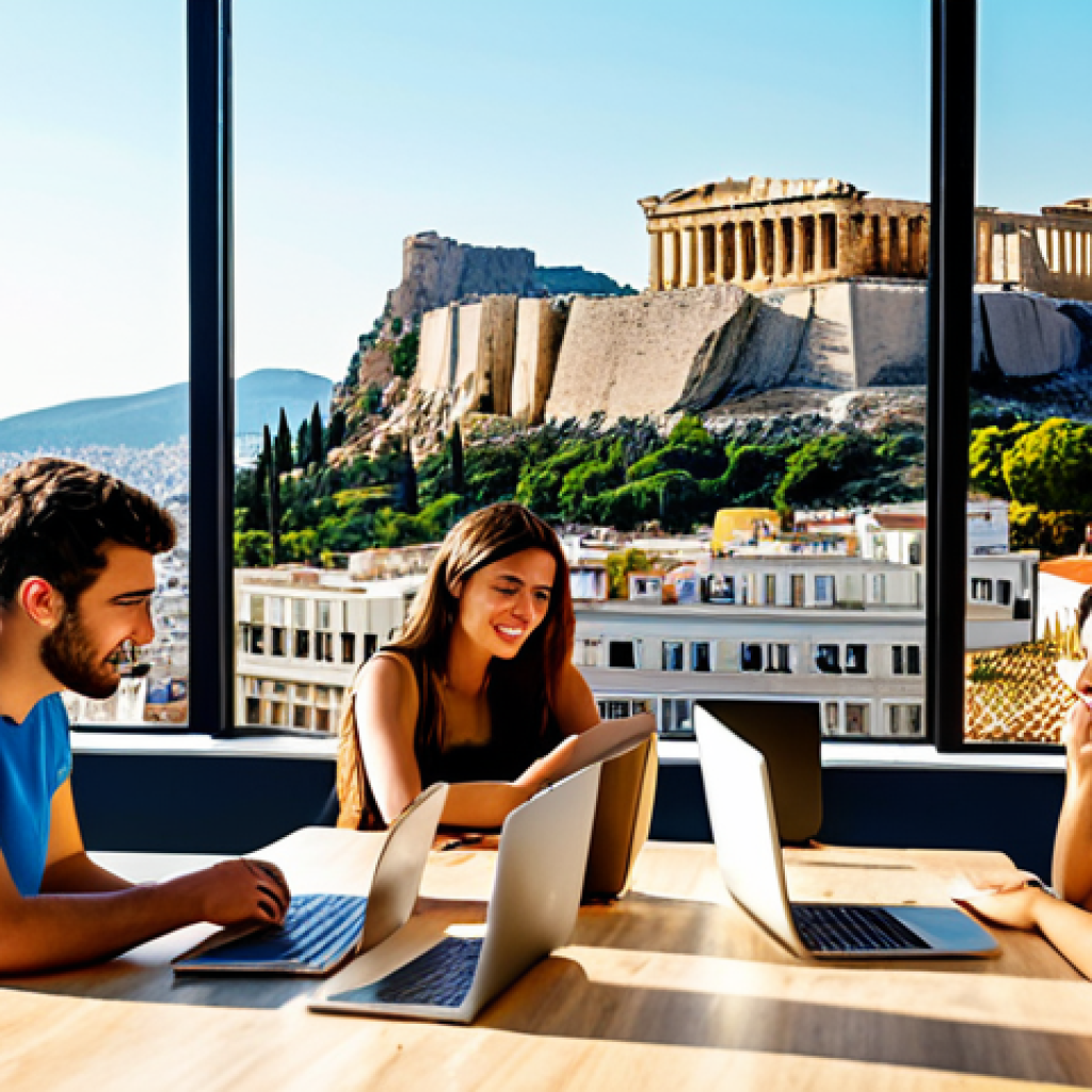 A vibrant, sun-drenched scene of young entrepreneurs in Athens, collaborating in a modern co-working space. Capture the energy of a Greek tech startup, with elements of innovation, digital devices, and a view of the Acropolis in the background. Focus on AI or Cybersecurity themes.