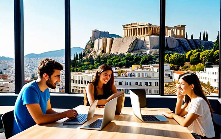 A vibrant, sun-drenched scene of young entrepreneurs in Athens, collaborating in a modern co-working space. Capture the energy of a Greek tech startup, with elements of innovation, digital devices, and a view of the Acropolis in the background. Focus on AI or Cybersecurity themes.