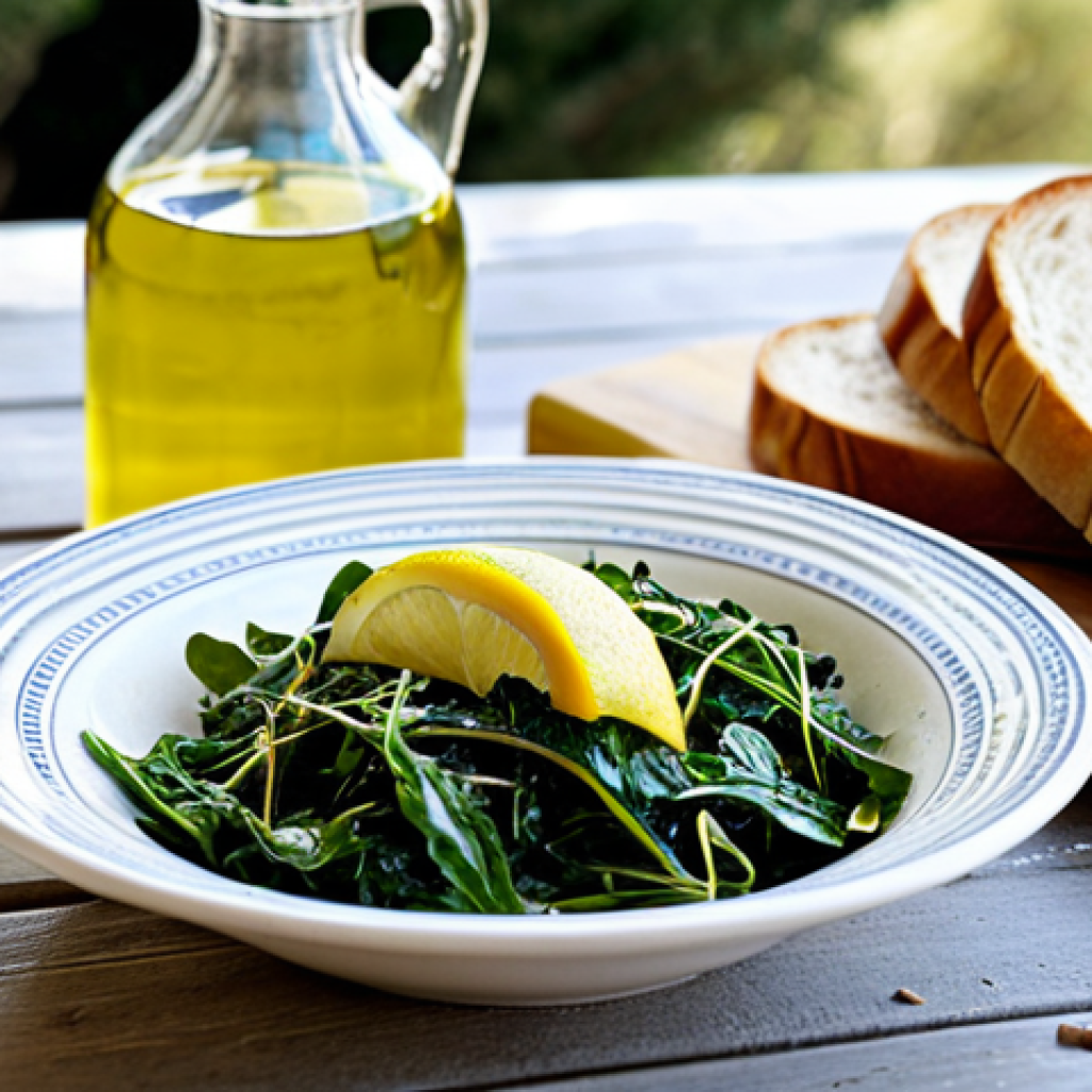 Horta**

"A rustic wooden table set outdoors in a sun-drenched Greek village. A bowl of *horta* (boiled wild greens) drizzled with olive oil and lemon juice sits in the center.  Accompanying the *horta* are slices of crusty bread, olives, and a carafe of water.  Focus on the textures of the greens and the olive oil. Safe for work. Appropriate content. Fully clothed. Family-friendly.  Perfect anatomy, correct proportions, natural pose, well-formed hands, proper finger count, natural body proportions, professional food photography, high quality."

**