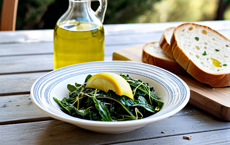 Horta**

"A rustic wooden table set outdoors in a sun-drenched Greek village. A bowl of *horta* (boiled wild greens) drizzled with olive oil and lemon juice sits in the center.  Accompanying the *horta* are slices of crusty bread, olives, and a carafe of water.  Focus on the textures of the greens and the olive oil. Safe for work. Appropriate content. Fully clothed. Family-friendly.  Perfect anatomy, correct proportions, natural pose, well-formed hands, proper finger count, natural body proportions, professional food photography, high quality."

**
