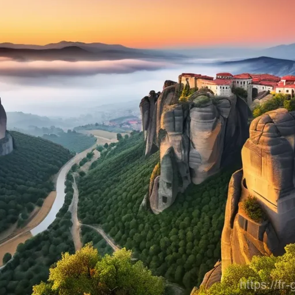 메테오라 수도원 방문기 - **Awe-Inspiring Meteora Sunrise with Ethereal Mist:**
    A breathtaking wide-angle shot of the Mete...