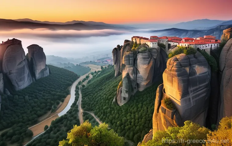 메테오라 수도원 방문기 - **Awe-Inspiring Meteora Sunrise with Ethereal Mist:**
    A breathtaking wide-angle shot of the Mete...