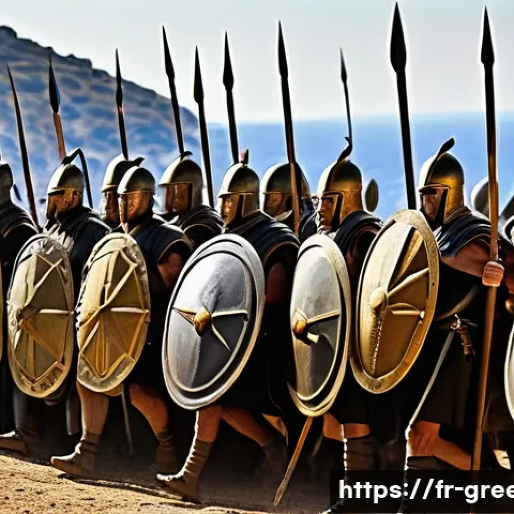 그리스의 유명한 전쟁 및 전투 - **Prompt:** A group of ancient Greek hoplites in a tight phalanx formation, advancing resolutely acr...