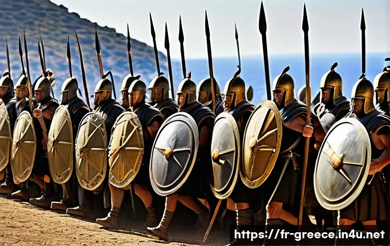 그리스의 유명한 전쟁 및 전투 - **Prompt:** A group of ancient Greek hoplites in a tight phalanx formation, advancing resolutely acr...