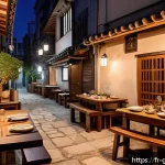 그리스에서 한국 음식 찾기 - A cozy, intimate Korean barbecue restaurant scene set in a charming Athens alleyway at dusk, with wa...