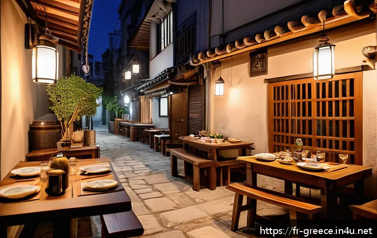 그리스에서 한국 음식 찾기 - A cozy, intimate Korean barbecue restaurant scene set in a charming Athens alleyway at dusk, with wa...