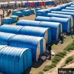 그리스 내 불법 이민 문제 - A crowded refugee camp in Greece during daylight, showing rows of tents and makeshift shelters packe...