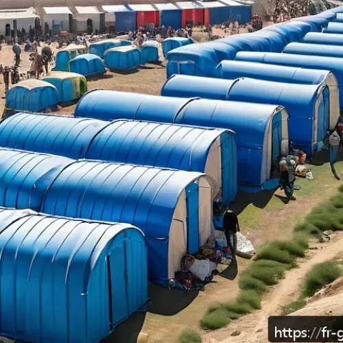 그리스 내 불법 이민 문제 - A crowded refugee camp in Greece during daylight, showing rows of tents and makeshift shelters packe...