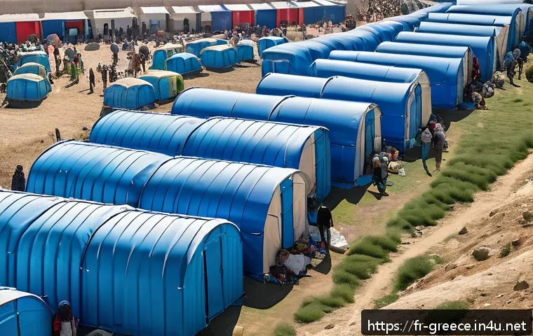 그리스 내 불법 이민 문제 - A crowded refugee camp in Greece during daylight, showing rows of tents and makeshift shelters packe...