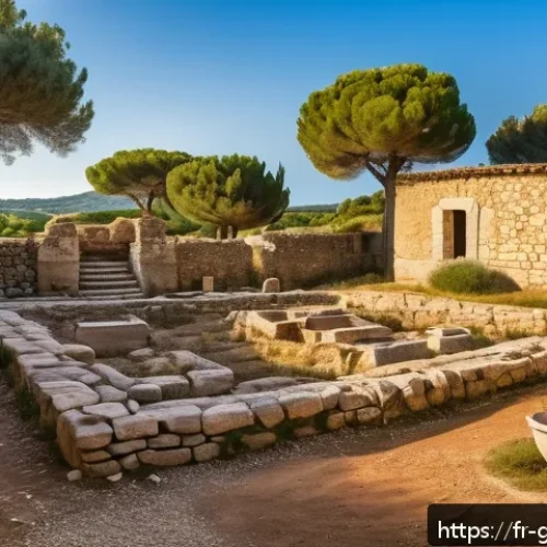 그리스에서 가장 오래된 도시 - An ancient archaeological site in southern France at sunset, showcasing partially excavated public b...