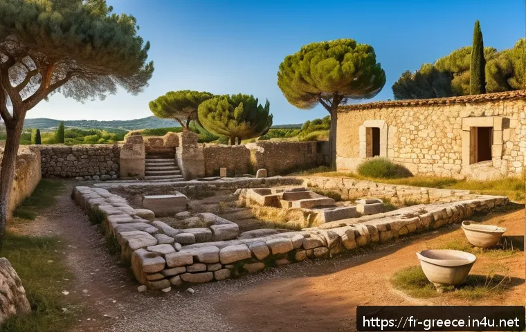 그리스에서 가장 오래된 도시 - An ancient archaeological site in southern France at sunset, showcasing partially excavated public b...