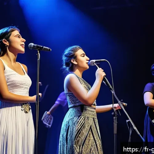 그리스에서 유명한 연예인 - A vibrant contemporary Greek music festival scene featuring a diverse group of young female singers ...