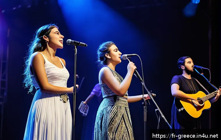 그리스에서 유명한 연예인 - A vibrant contemporary Greek music festival scene featuring a diverse group of young female singers ...