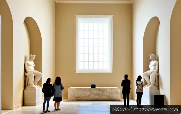 Home 17 그리스의 인기 있는 박물관 - Photorealistic interior of a renowned Athens archaeological museum, a monumental marble Greek statue...