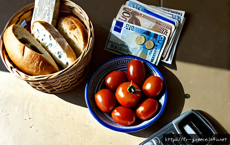 그리스의 생활비와 물가 - Photorealistic overhead view of a modest Greek grocery shopping basket on a sunlit Athens kitchen ta...