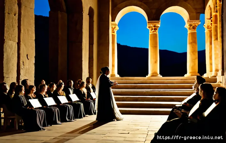 Home 17 그리스에서 볼만한 오페라와 연극 - Photorealistic evening opera performance in a grand ancient Greek stone amphitheater, elegant singer...