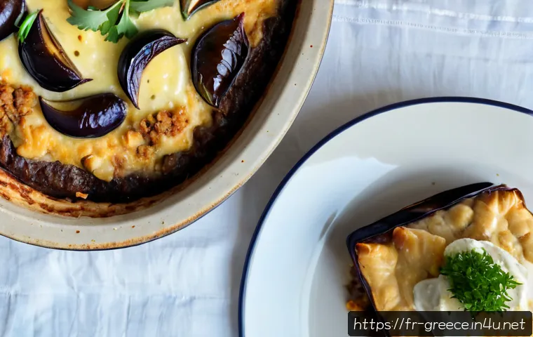 그리스에서 가장 인기 있는 요리 - Photorealistic overhead view of a classic Greek moussaka in a rustic ceramic baking dish, clearly la...