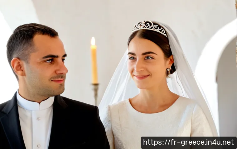 그리스인들의 결혼 문화 - Photorealistic Greek Orthodox wedding ceremony inside a sunlit whitewashed island chapel, adult brid...