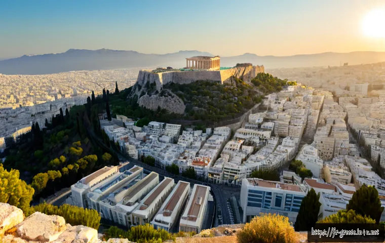 그리스에서 가장 큰 도시 TOP 5 - Photorealistic panoramic view of Athens, Greece, from a high hillside at golden hour, dense white ap...